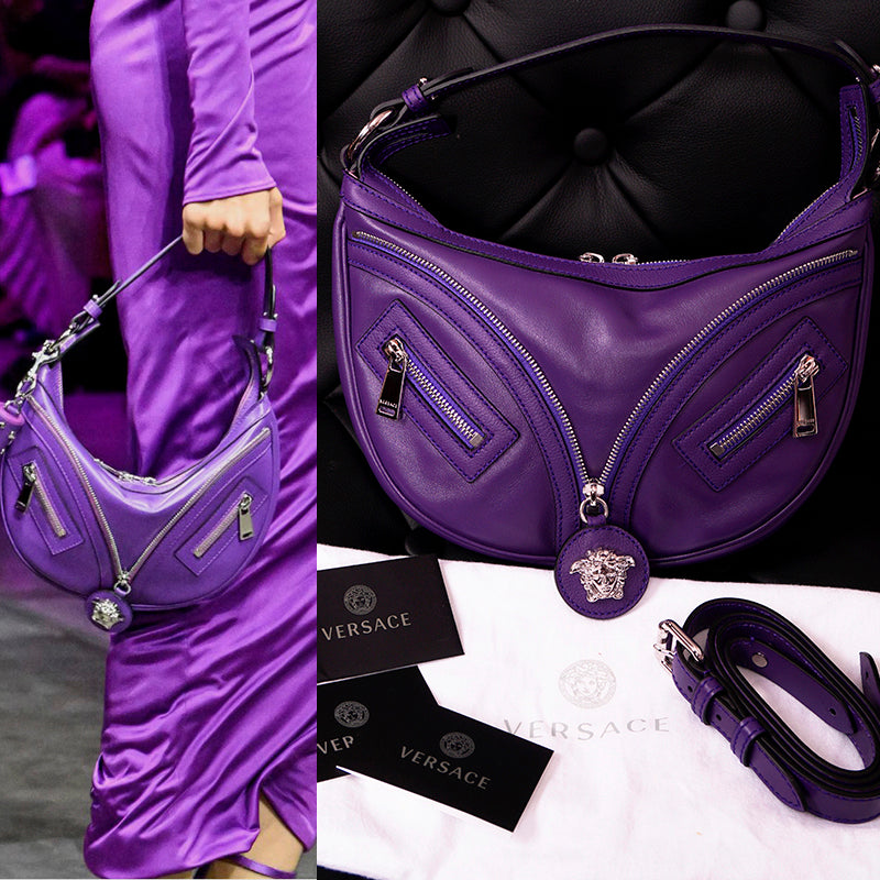 NEW VERSACE $1995 Purple Leather RUNWAY REPEAT HOBO Small BAG & CROSSBODY STRAP