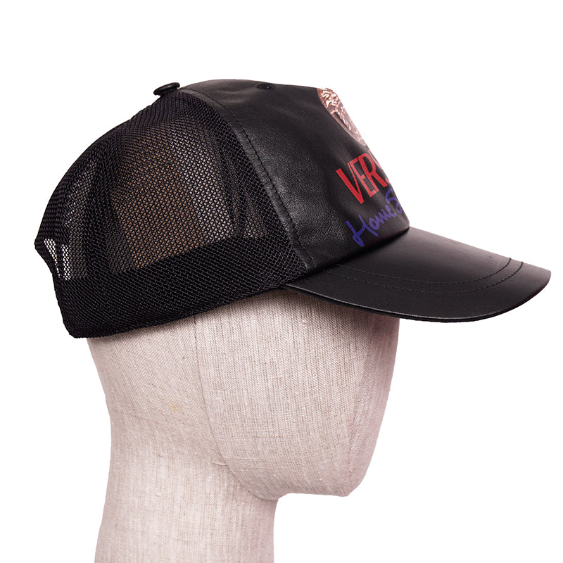 57 NEW $525 VERSACE Black Leather VINTAGE MEDUSA LOGO Trucker BASEBALL CAP HAT