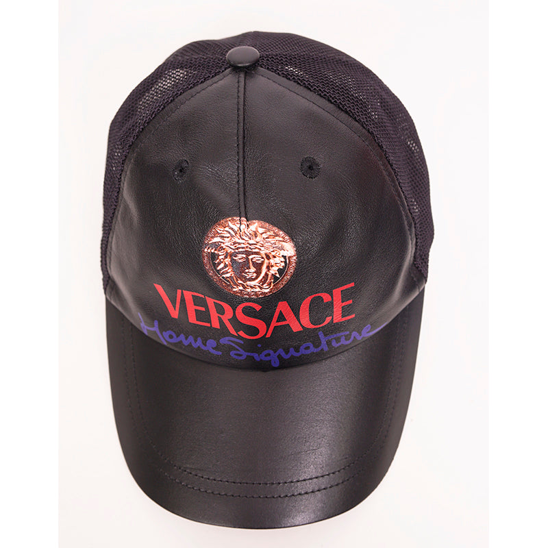 57 NEW $525 VERSACE Black Leather VINTAGE MEDUSA LOGO Trucker BASEBALL CAP HAT