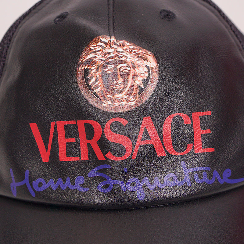 57 NEW $525 VERSACE Black Leather VINTAGE MEDUSA LOGO Trucker BASEBALL CAP HAT