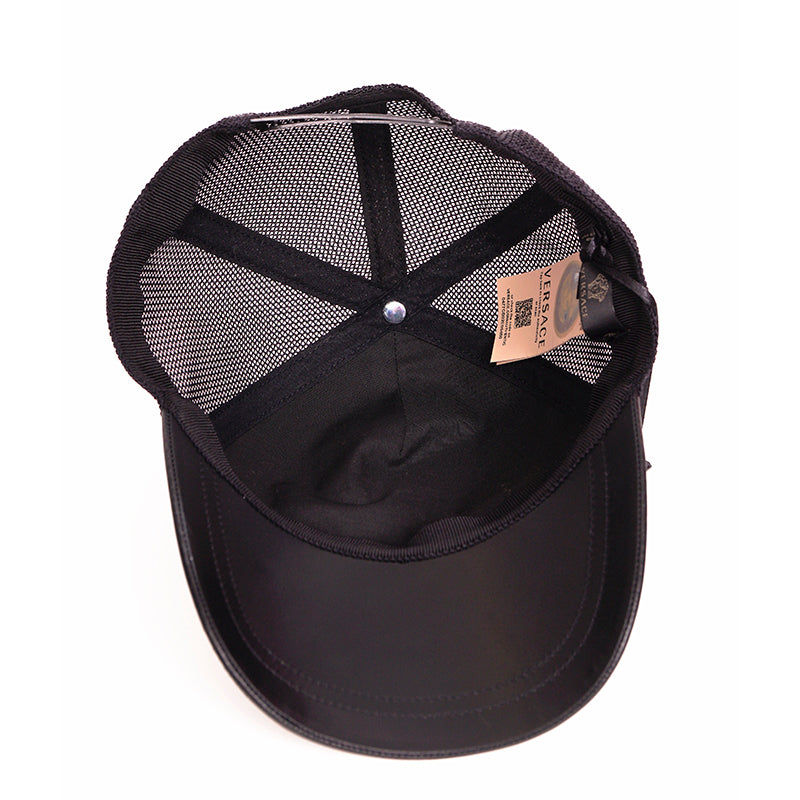 57 NEW $525 VERSACE Black Leather VINTAGE MEDUSA LOGO Trucker BASEBALL CAP HAT