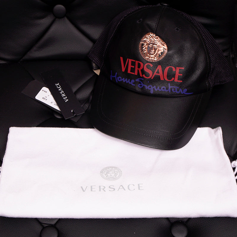 57 NEW $525 VERSACE Black Leather VINTAGE MEDUSA LOGO Trucker BASEBALL CAP HAT
