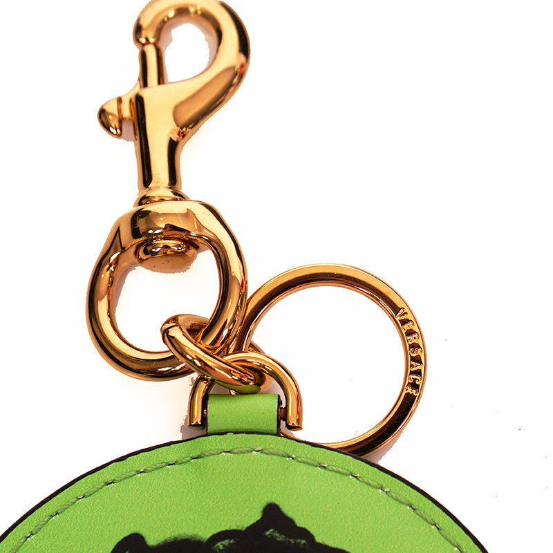 NEW $295 VERSACE Green SMILEY MEDUSA GRAFFITI Leather BAG CHARM KEY RING CHAIN