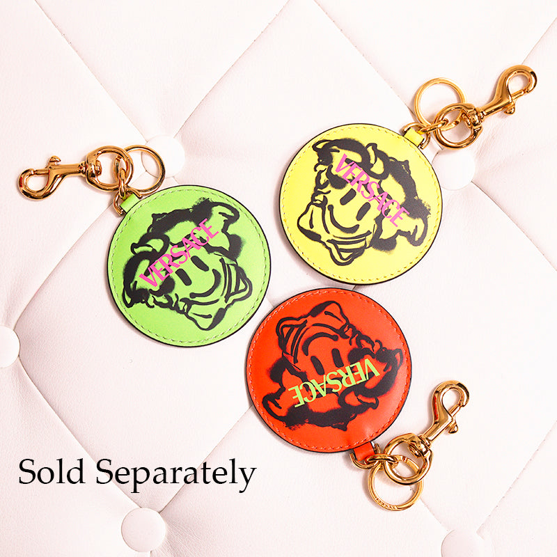 NEW $295 VERSACE Green SMILEY MEDUSA GRAFFITI Leather BAG CHARM KEY RING CHAIN