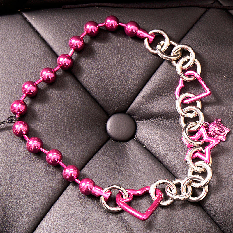 NEW $1,295 VERSACE Pink & Silver MEDUSA CHARM Heart STAR Chunky Chain NECKLACE