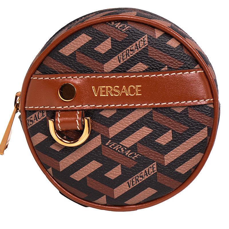 NEW $325 VERSACE Brown Coated Canvas LA GRECA Coin Purse MODULAR ROUND POUCH NIB
