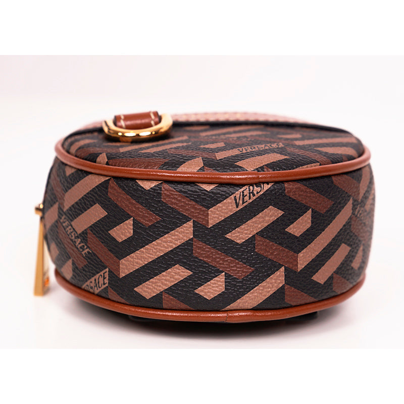 NEW $325 VERSACE Brown Coated Canvas LA GRECA Coin Purse MODULAR ROUND POUCH NIB