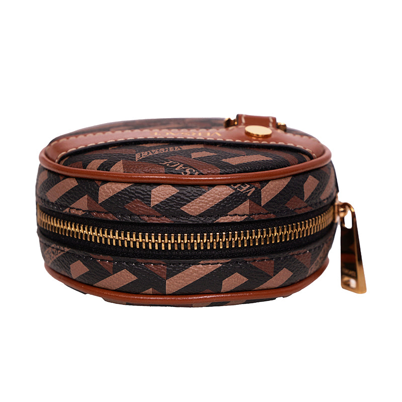 NEW $325 VERSACE Brown Coated Canvas LA GRECA Coin Purse MODULAR ROUND POUCH NIB