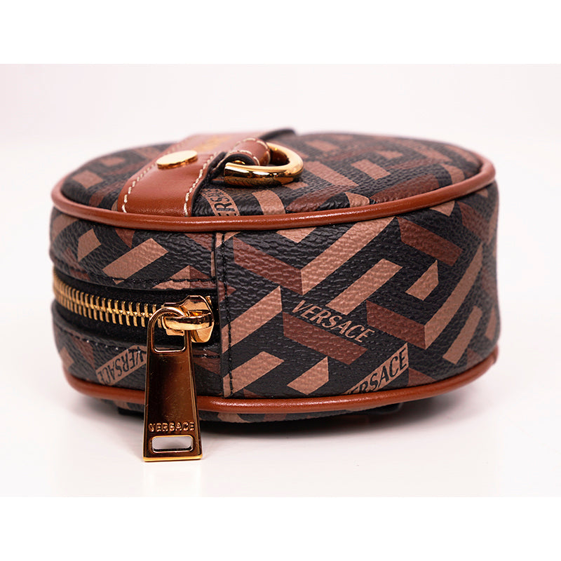 NEW $325 VERSACE Brown Coated Canvas LA GRECA Coin Purse MODULAR ROUND POUCH NIB