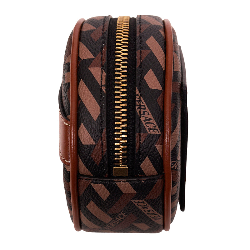 NEW $325 VERSACE Brown Coated Canvas LA GRECA Coin Purse MODULAR ROUND POUCH NIB
