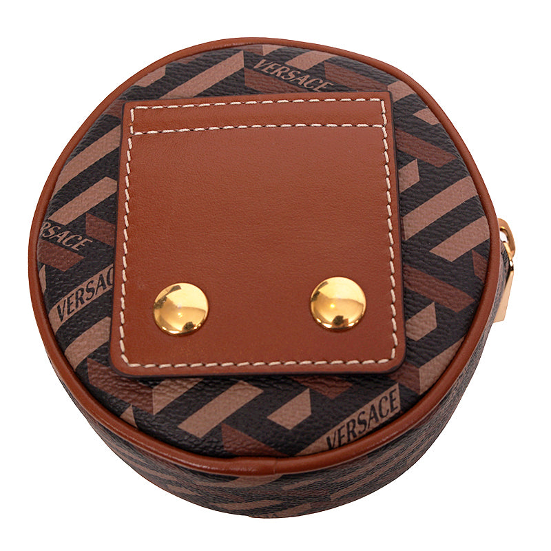 NEW $325 VERSACE Brown Coated Canvas LA GRECA Coin Purse MODULAR ROUND POUCH NIB