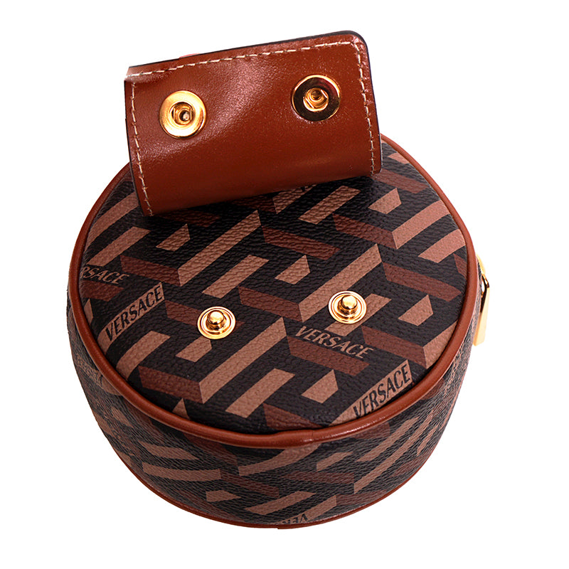 NEW $325 VERSACE Brown Coated Canvas LA GRECA Coin Purse MODULAR ROUND POUCH NIB