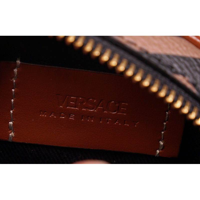 NEW $325 VERSACE Brown Coated Canvas LA GRECA Coin Purse MODULAR ROUND POUCH NIB