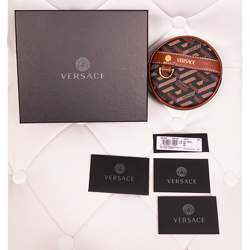 NEW $325 VERSACE Brown Coated Canvas LA GRECA Coin Purse MODULAR ROUND POUCH NIB