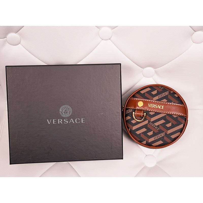 NEW $325 VERSACE Brown Coated Canvas LA GRECA Coin Purse MODULAR ROUND POUCH NIB