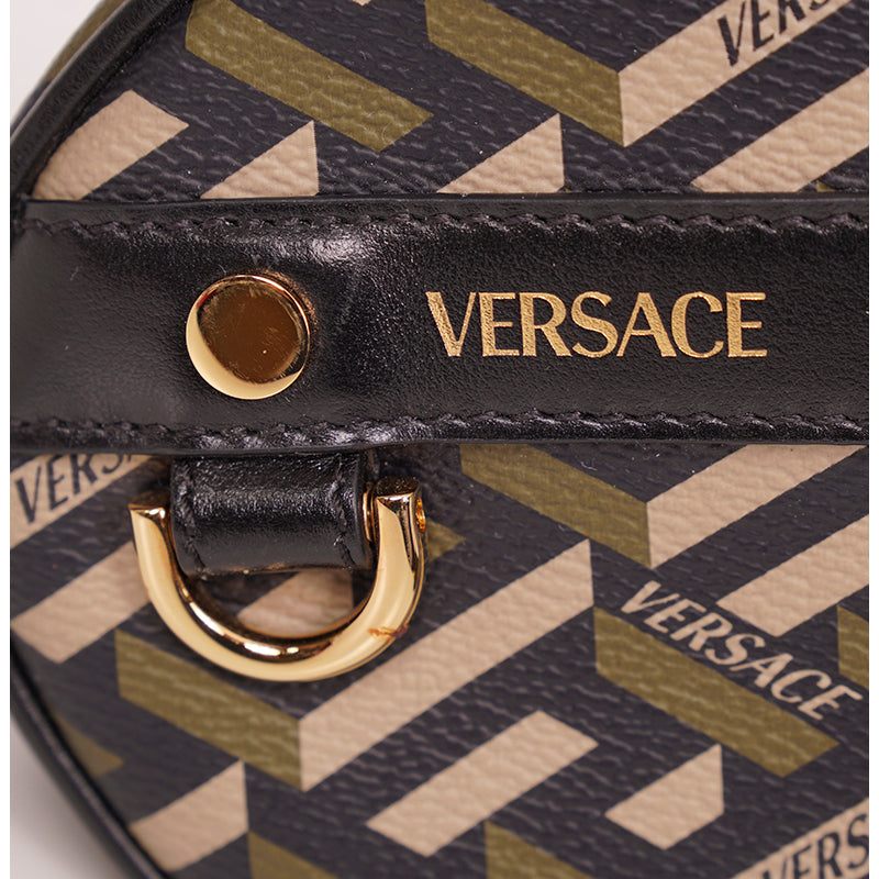 NEW $325 VERSACE Khaki Coated Canvas LA GRECA Coin Purse MODULAR ROUND POUCH NIB