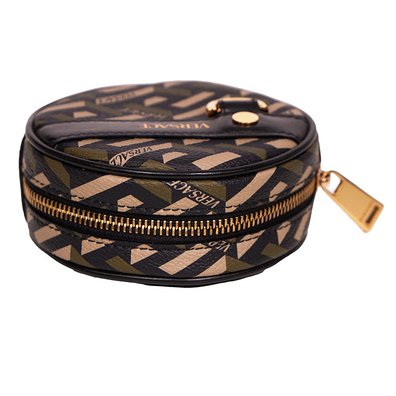 NEW $325 VERSACE Khaki Coated Canvas LA GRECA Coin Purse MODULAR ROUND POUCH NIB
