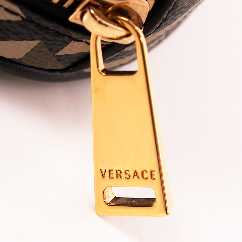 NEW $325 VERSACE Khaki Coated Canvas LA GRECA Coin Purse MODULAR ROUND POUCH NIB