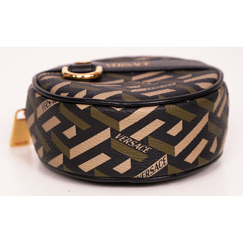 NEW $325 VERSACE Khaki Coated Canvas LA GRECA Coin Purse MODULAR ROUND POUCH NIB