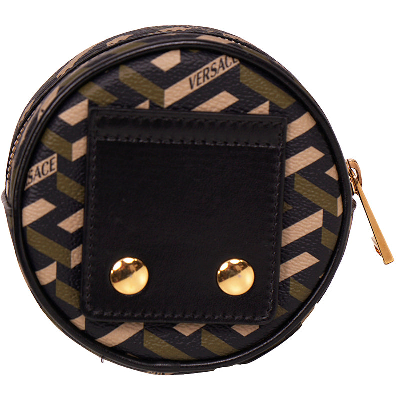 NEW $325 VERSACE Khaki Coated Canvas LA GRECA Coin Purse MODULAR ROUND POUCH NIB