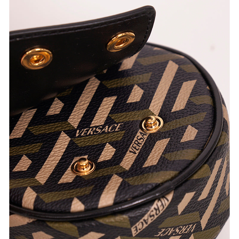 NEW $325 VERSACE Khaki Coated Canvas LA GRECA Coin Purse MODULAR ROUND POUCH NIB