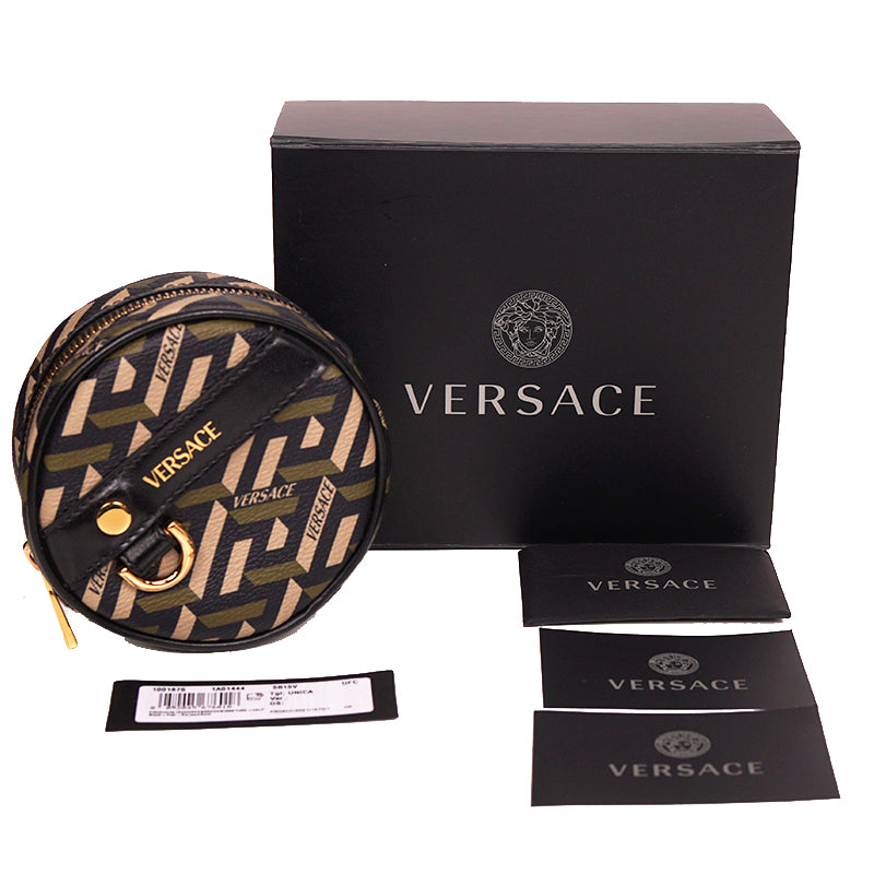 NEW $325 VERSACE Khaki Coated Canvas LA GRECA Coin Purse MODULAR ROUND POUCH NIB
