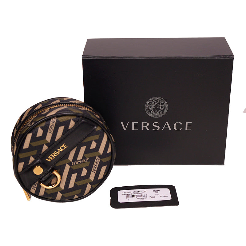 NEW $325 VERSACE Khaki Coated Canvas LA GRECA Coin Purse MODULAR ROUND POUCH NIB