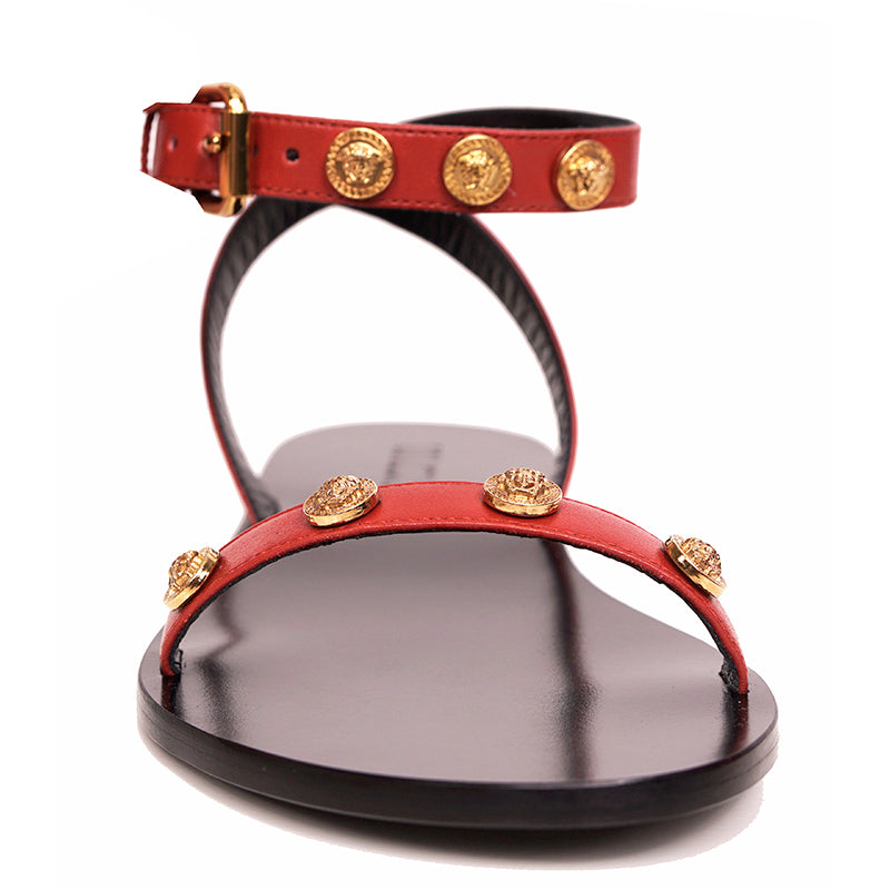 37.5 NEW $850 VERSACE Red MEDUSA LOGO STUDDED Ankle Wrap TRIBUTE FLAT SANDALS