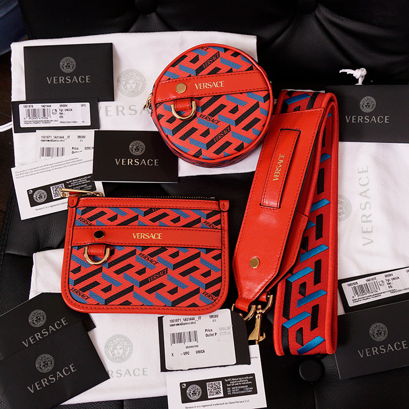NEW $1,000 VERSACE Orange BAG STRAP & 2 Coin Purse LA GRECA MODULAR POUCH 3 SET