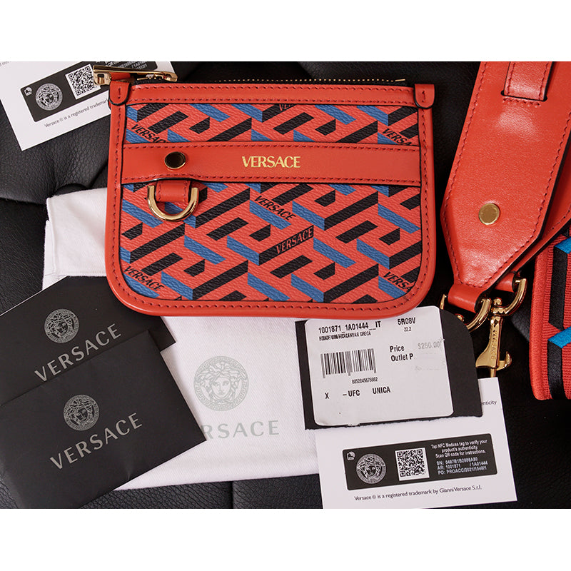 NEW $1,000 VERSACE Orange BAG STRAP & 2 Coin Purse LA GRECA MODULAR POUCH 3 SET