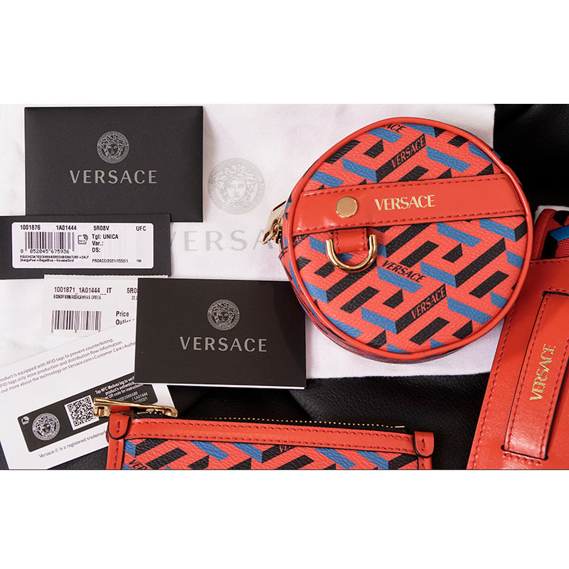 NEW $1,000 VERSACE Orange BAG STRAP & 2 Coin Purse LA GRECA MODULAR POUCH 3 SET