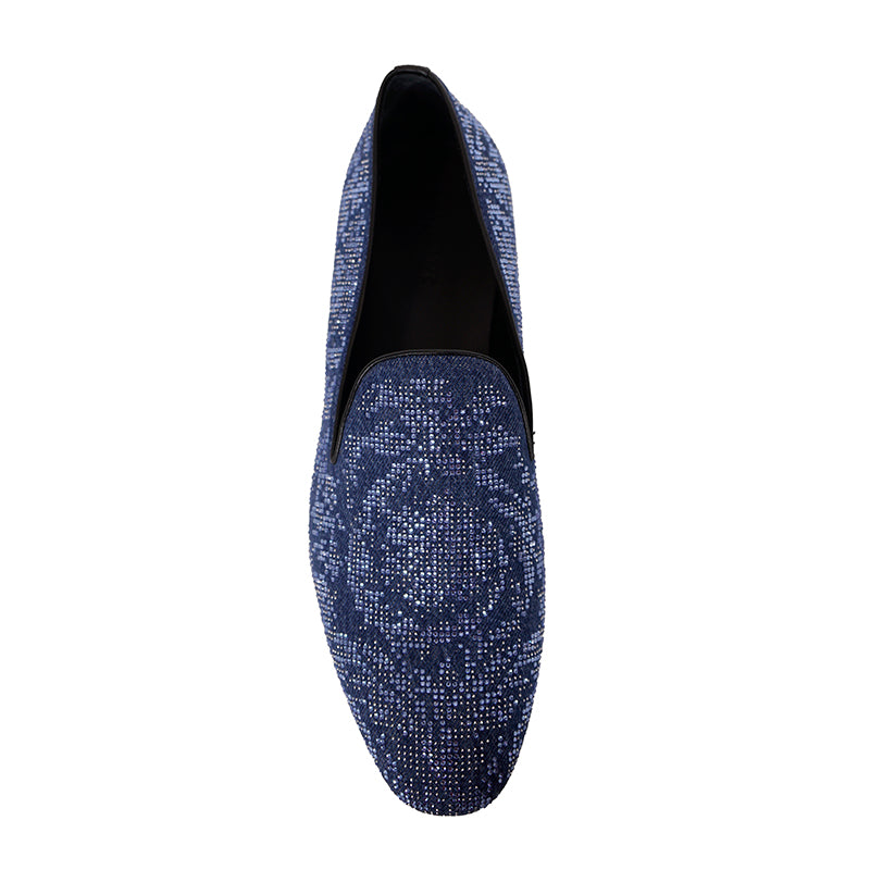 44 US 11 NEW $1175 VERSACE Men's Blue Denim BAROCCO CRYSTALS SMOKING LOAFERS NIB