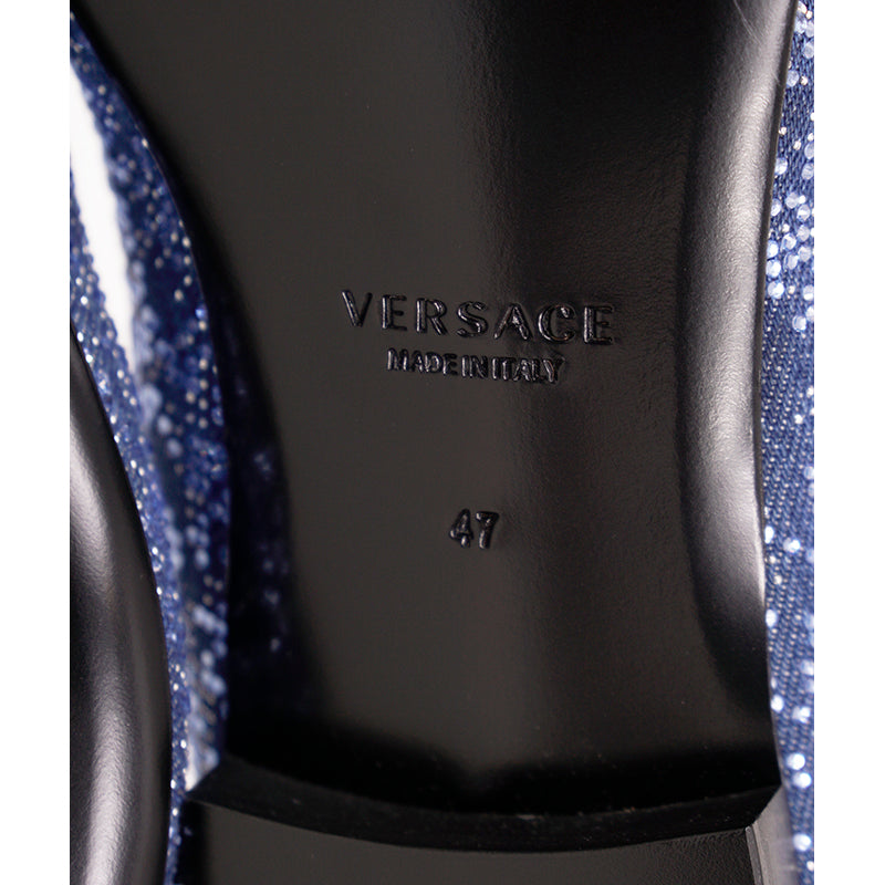 44 US 11 NEW $1175 VERSACE Men's Blue Denim BAROCCO CRYSTALS SMOKING LOAFERS NIB