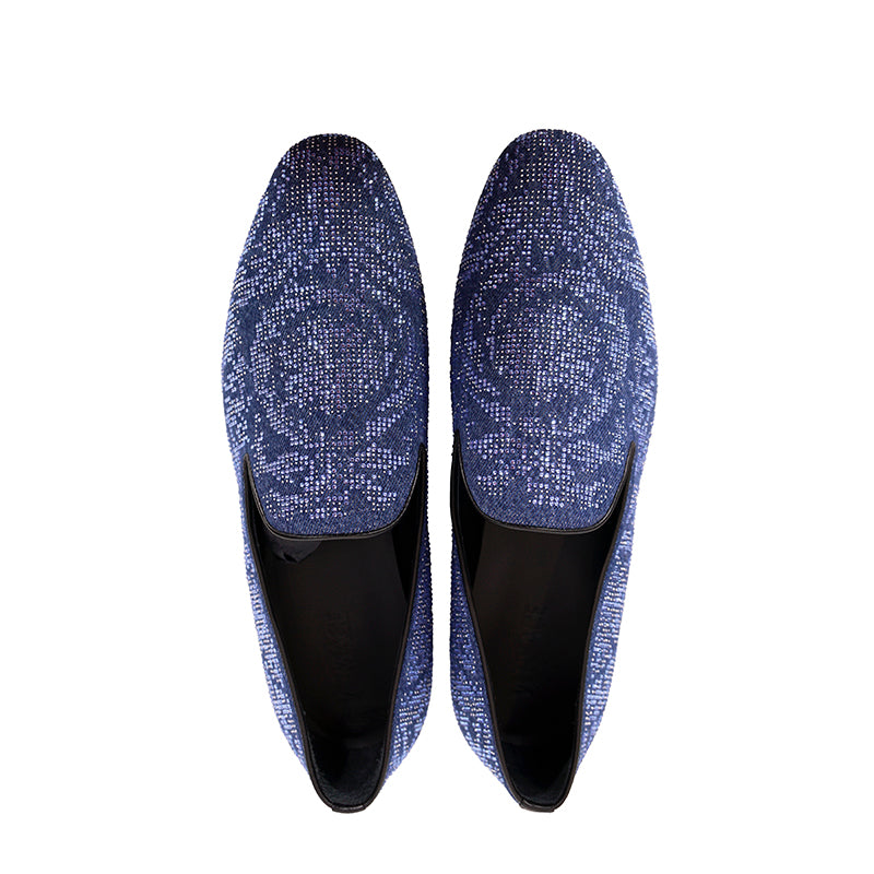 44 US 11 NEW $1175 VERSACE Men's Blue Denim BAROCCO CRYSTALS SMOKING LOAFERS NIB