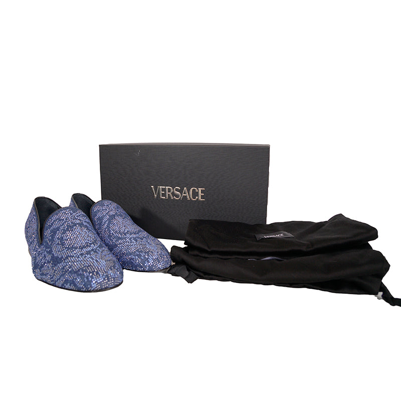 44 US 11 NEW $1175 VERSACE Men's Blue Denim BAROCCO CRYSTALS SMOKING LOAFERS NIB