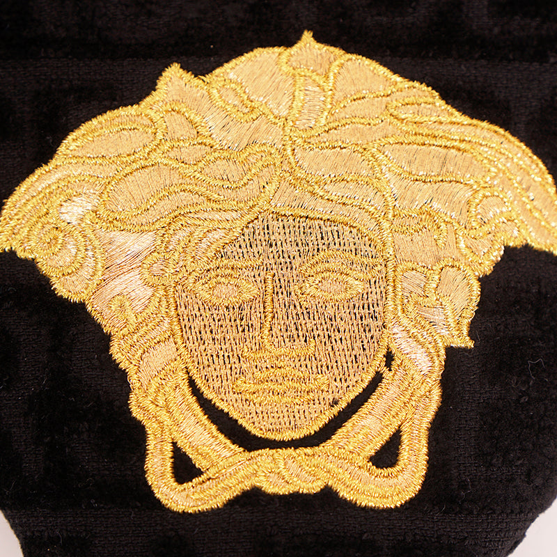 M NEW $250 VERSACE Black Allover Logo MEDUSA Cotton Terry BEDROOM ICON SLIPPERS