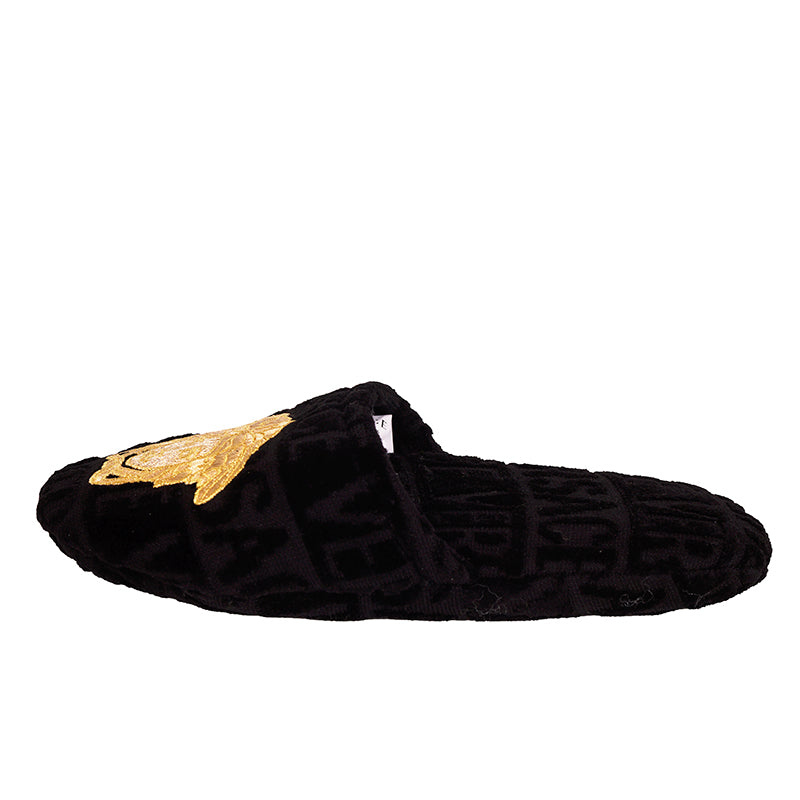 M NEW $250 VERSACE Black Allover Logo MEDUSA Cotton Terry BEDROOM ICON SLIPPERS