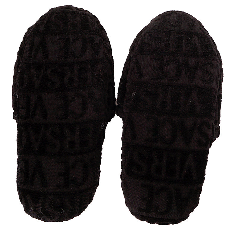 M NEW $250 VERSACE Black Allover Logo MEDUSA Cotton Terry BEDROOM ICON SLIPPERS