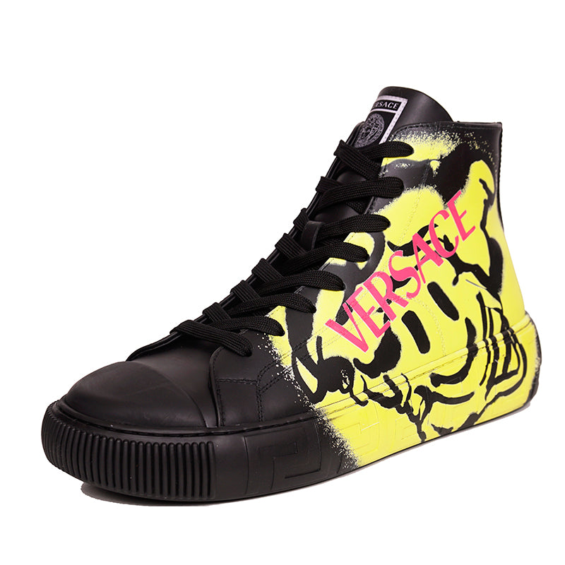 43 US 10 NEW $850 VERSACE Men Black Leather SMILEY MEDUSA LOGO High-top SNEAKERS