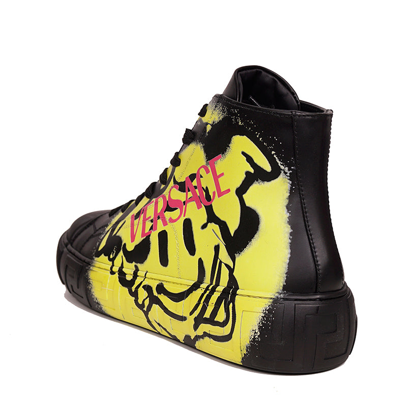 43 US 10 NEW $850 VERSACE Men Black Leather SMILEY MEDUSA LOGO High-top SNEAKERS