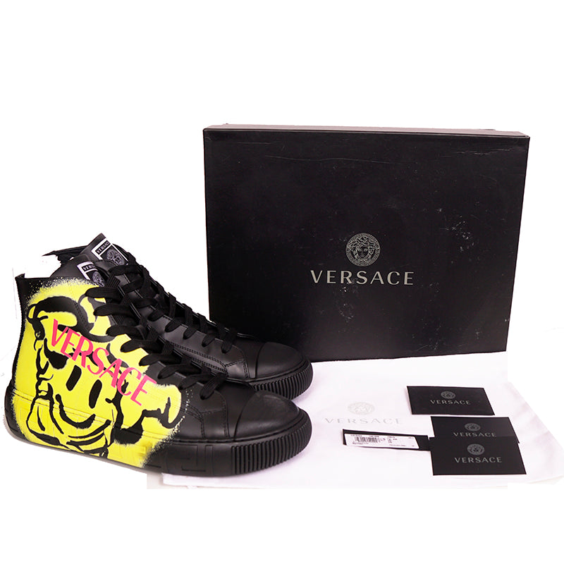 43 US 10 NEW $850 VERSACE Men Black Leather SMILEY MEDUSA LOGO High-top SNEAKERS