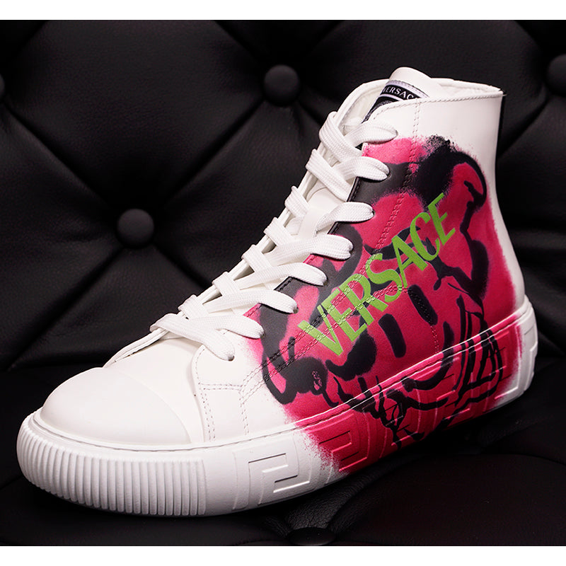 42 & 47 NEW $850 VERSACE Men White Leather SMILEY MEDUSA LOGO High-top SNEAKERS