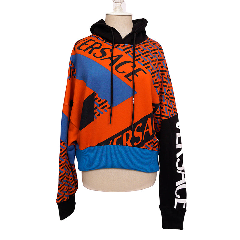 42 NEW $1175 VERSACE Woman's Orange Blue LA GRECA LOGO Cotton CROPPED SWEATSHIRT