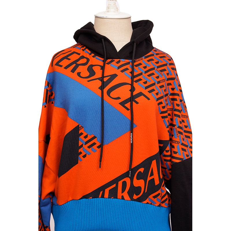 42 NEW $1175 VERSACE Woman's Orange Blue LA GRECA LOGO Cotton CROPPED SWEATSHIRT