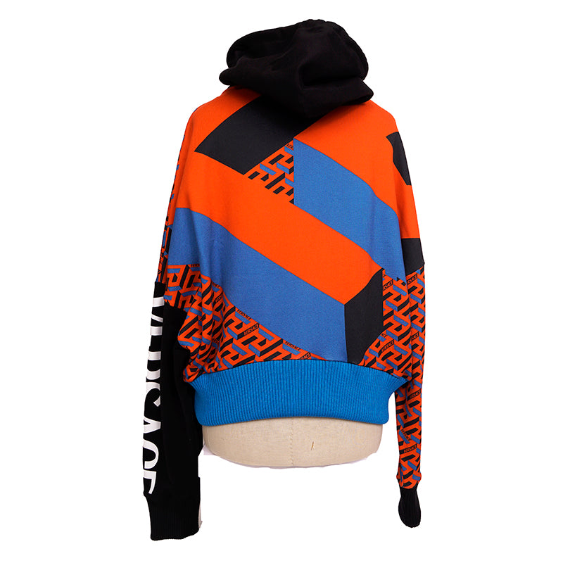 42 NEW $1175 VERSACE Woman's Orange Blue LA GRECA LOGO Cotton CROPPED SWEATSHIRT