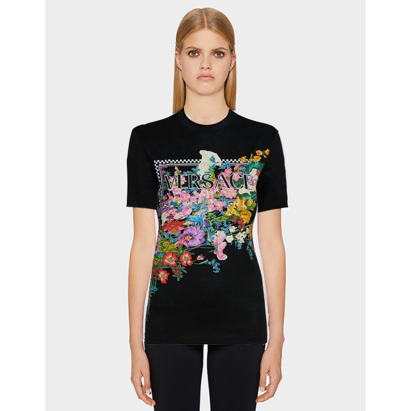 38 NEW $650 VERSACE Black LOGO IN BLOOM Jersey Stretch FITTED T-Shirt TEE TOP XS