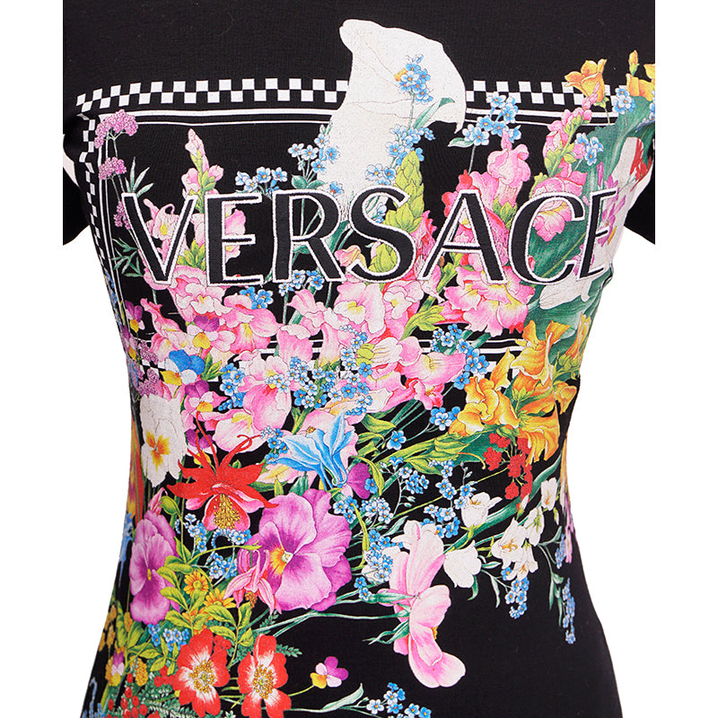 38 NEW $650 VERSACE Black LOGO IN BLOOM Jersey Stretch FITTED T-Shirt TEE TOP XS