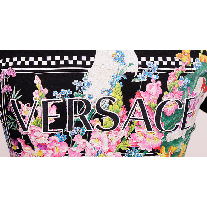 38 NEW $650 VERSACE Black LOGO IN BLOOM Jersey Stretch FITTED T-Shirt TEE TOP XS