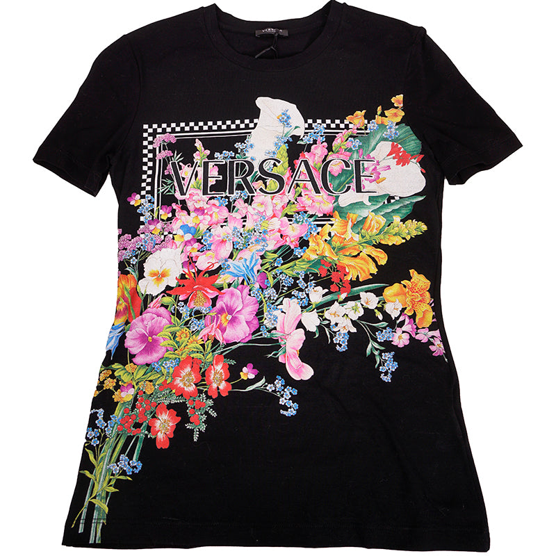 38 NEW $650 VERSACE Black LOGO IN BLOOM Jersey Stretch FITTED T-Shirt TEE TOP XS
