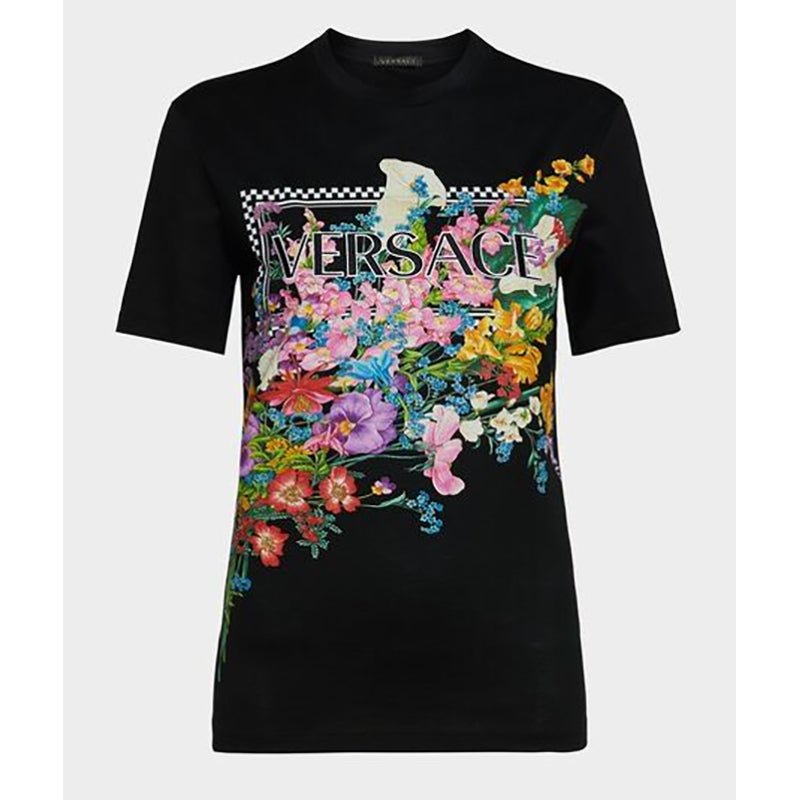 38 NEW $650 VERSACE Black LOGO IN BLOOM Jersey Stretch FITTED T-Shirt TEE TOP XS